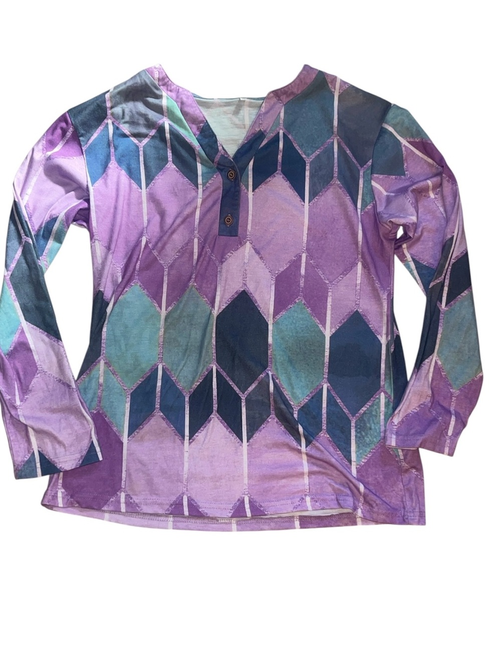 Women’s Long Sleeve Henley Top - Purple Geometric